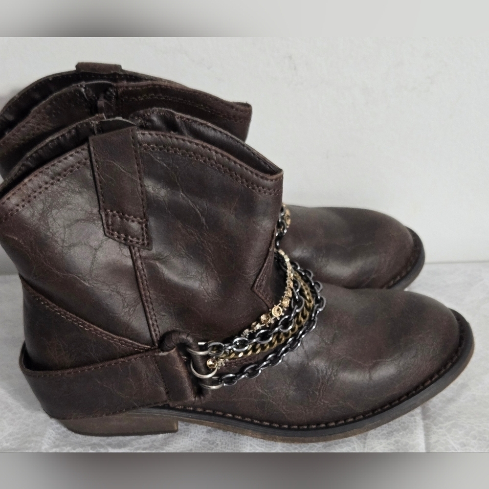 Candie's Girl 3 Brown Combat Moto Ankle Boots Chains Zipper - Picture 5 of 11